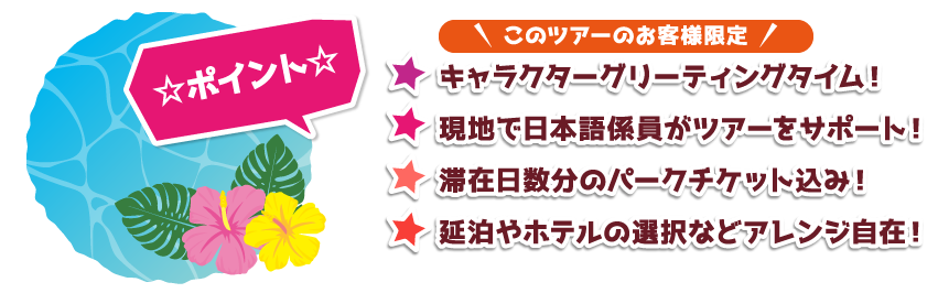 ☆ポイント☆ このツアーのお客様限定 キャラクターグリーティングタイム! 現地で日本語係員がツアーをサポート! 滞在日数分のパークチケット込み! 延泊やホテルの選択などアレンジ自在!